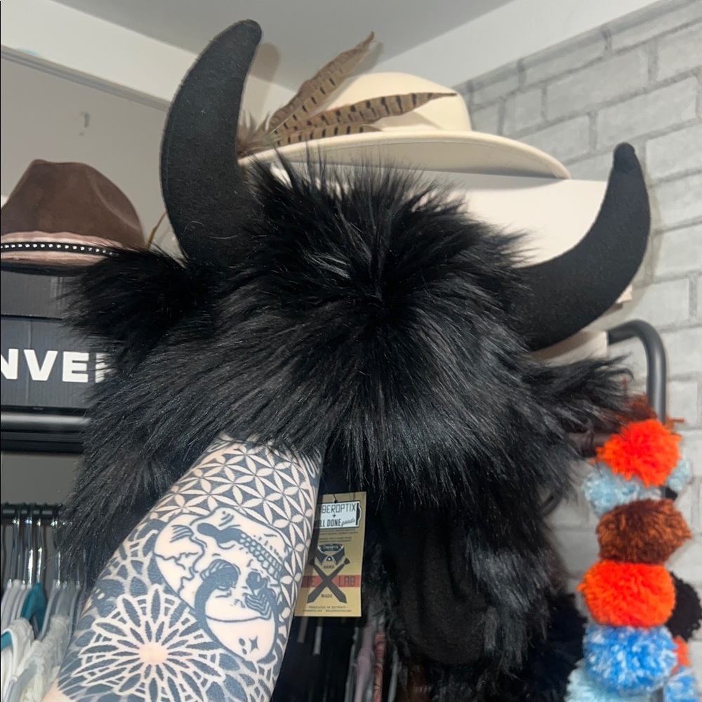 Black Furry Bull Horn Hat